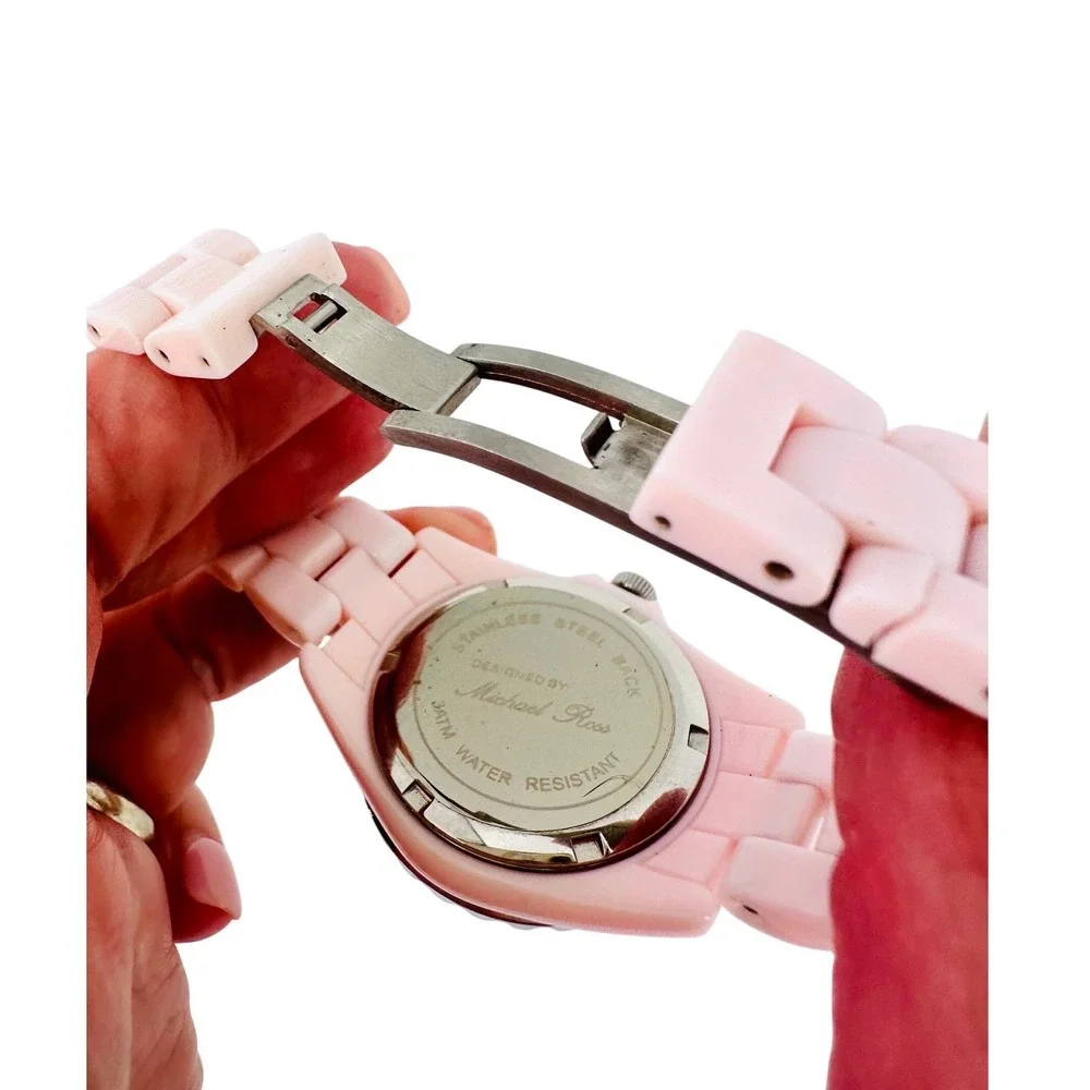 Michael Ross Hey Y'all Womens Bracelet Watch Pale Pink Resin Band Crystal Bezel
